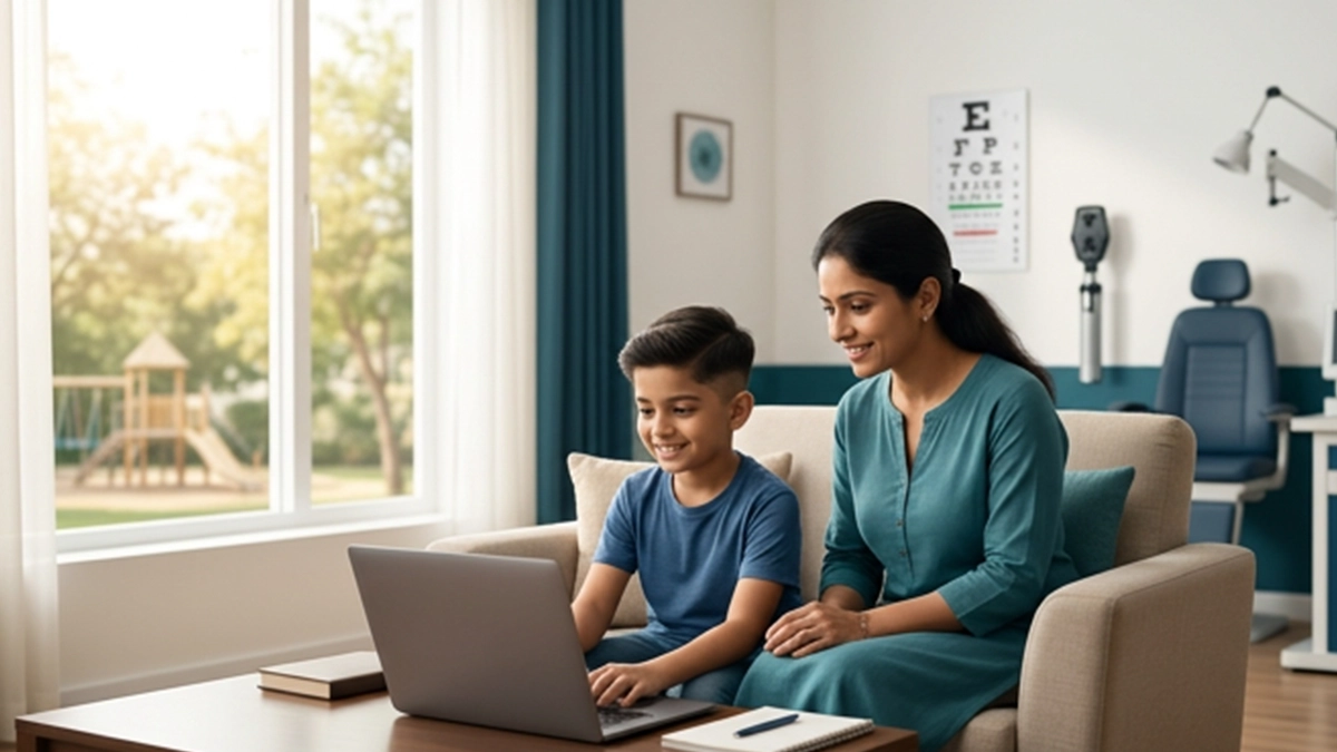 Parents helping children follow healthy screen habits with proper breaks, posture, lighting, and balanced screen time.