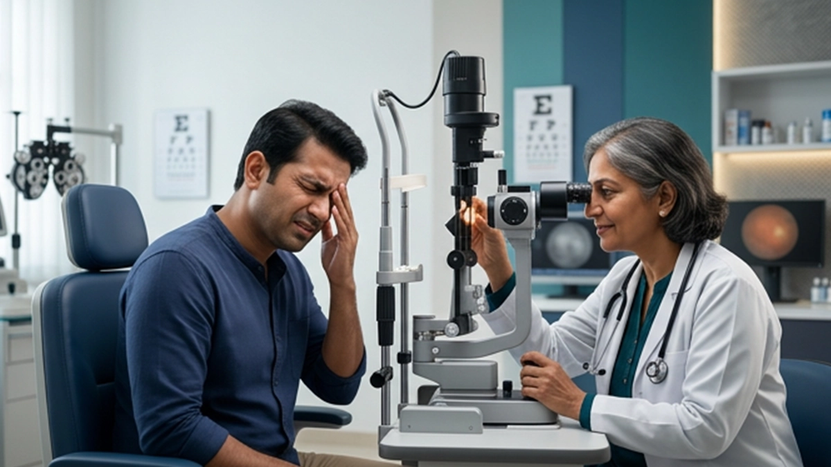Person experiencing eye pain and nausea, illustrating symptoms that may require prompt medical evaluation.
