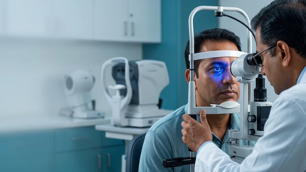 Eye examination showing tear film break-up time testing to assess tear film stability and dry eye