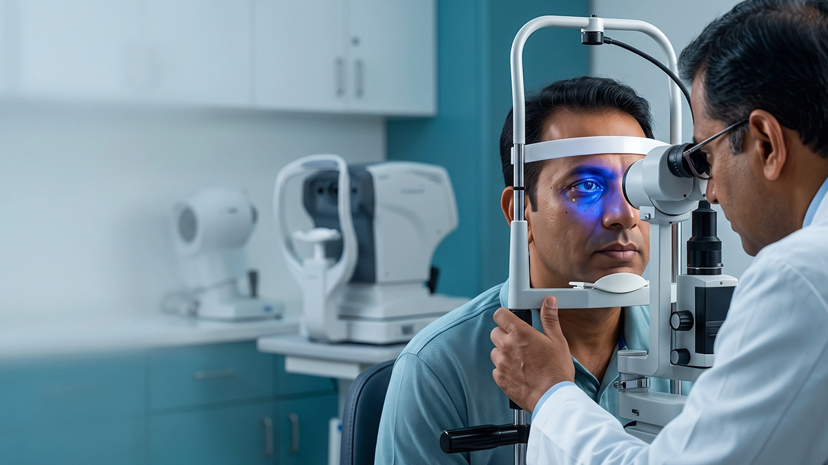 Eye examination showing tear film break-up time testing to assess tear film stability and dry eye