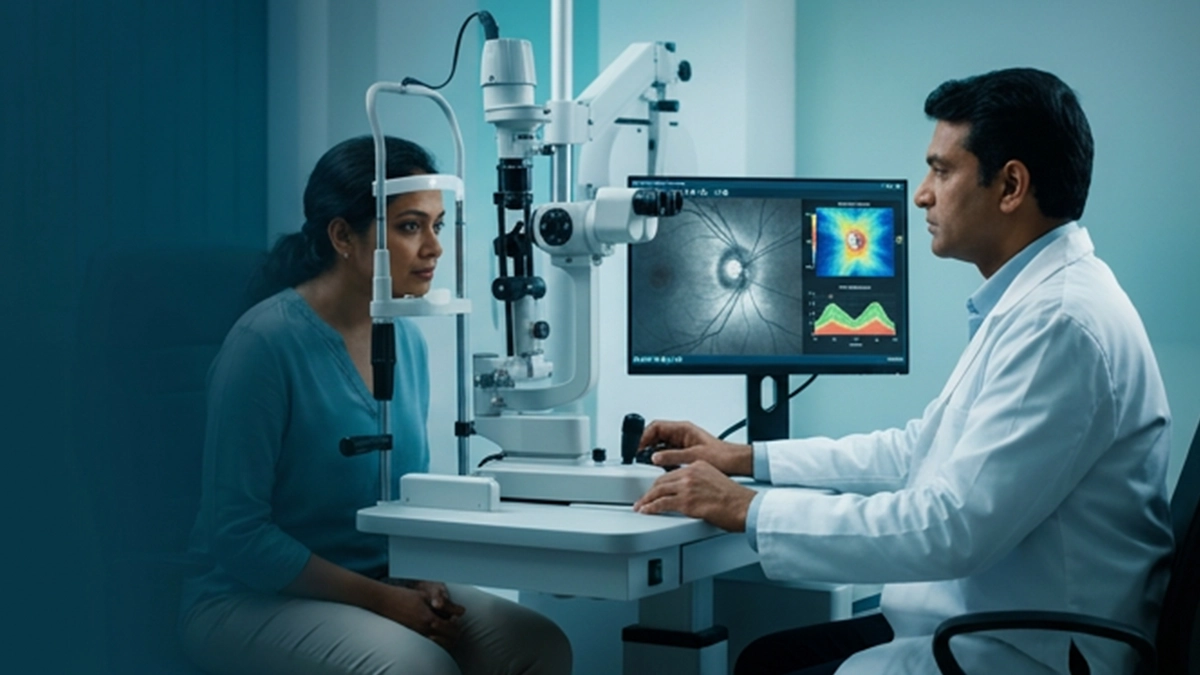 OCT scan showing retinal nerve fibre layer thickness around the optic nerve to help assess and monitor glaucoma-related changes.