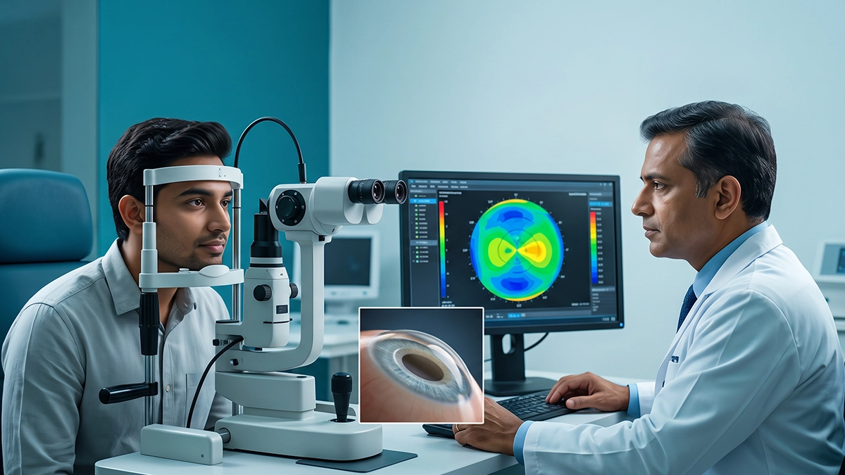 Corneal topography colour map showing the curvature and shape of the cornea during a pre-LASIK eye examination