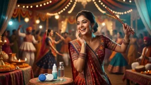 Woman wearing contact lenses during a Navratri Garba night while following safe contact lens and eye care practices.