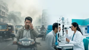 Person experiencing burning and watery eyes outdoors in smoggy conditions, illustrating the effects of air pollution on eye comfort.