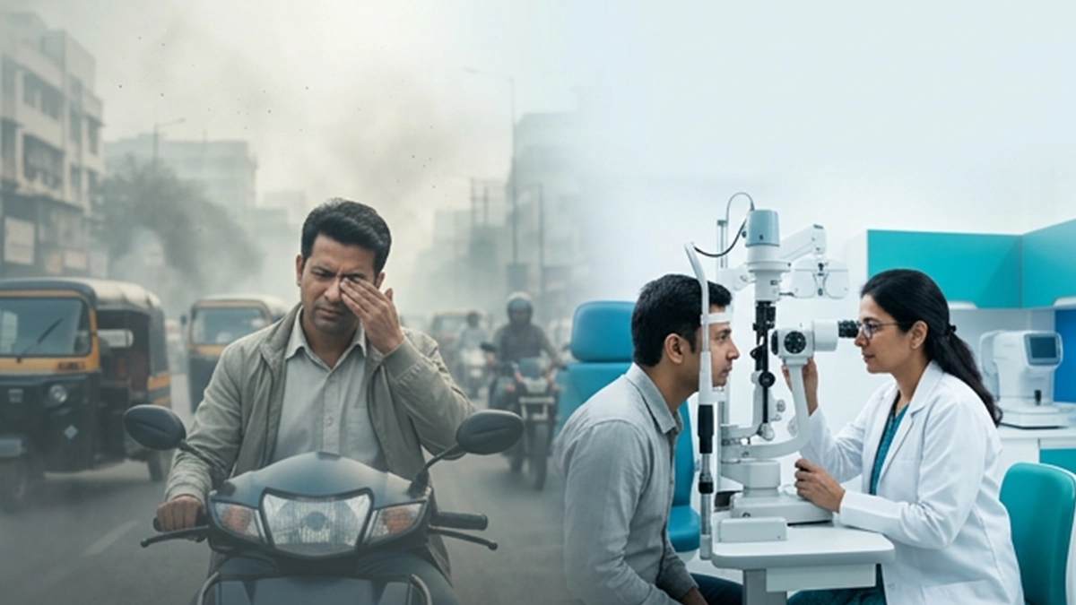 Person experiencing burning and watery eyes outdoors in smoggy conditions, illustrating the effects of air pollution on eye comfort.