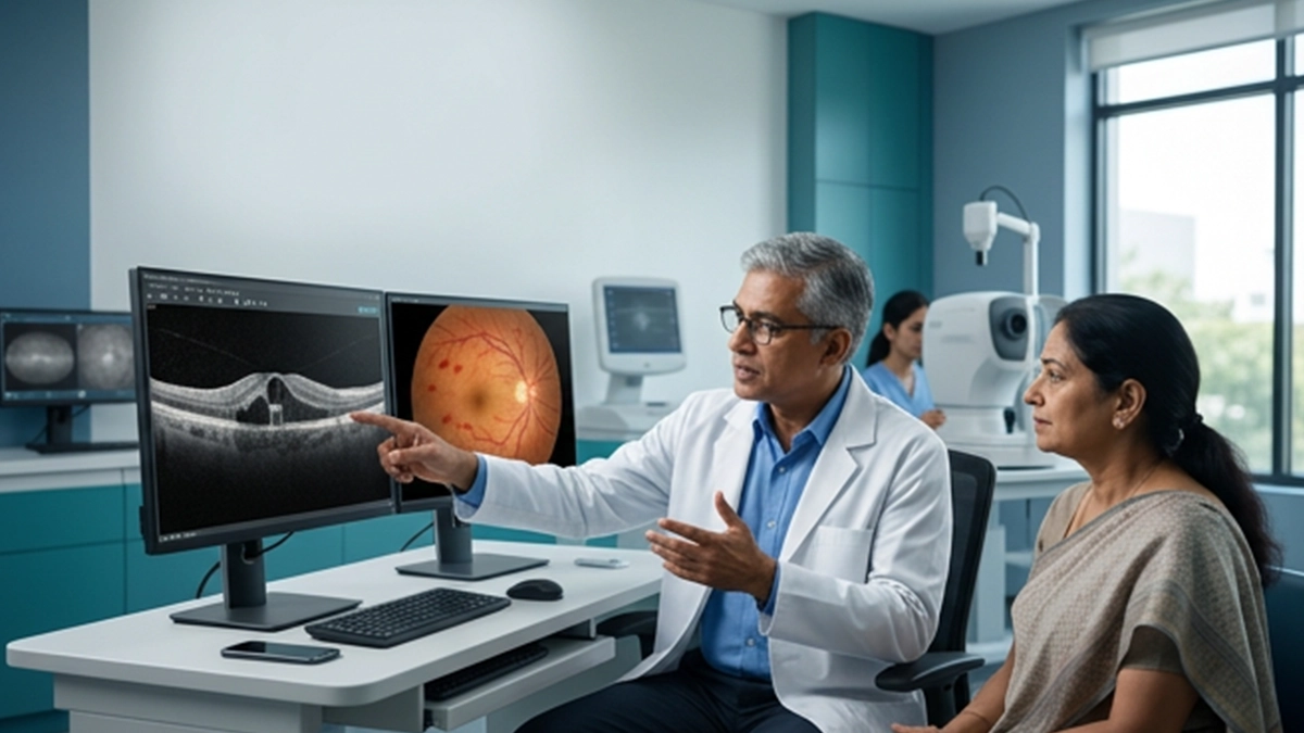 Eye illustration showing CRVO and macular edema with retinal blood vessel blockage and swelling affecting central vision.