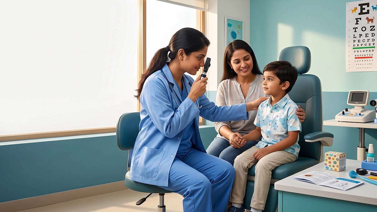 Child undergoing an eye examination to check for amblyopia and reduced vision
