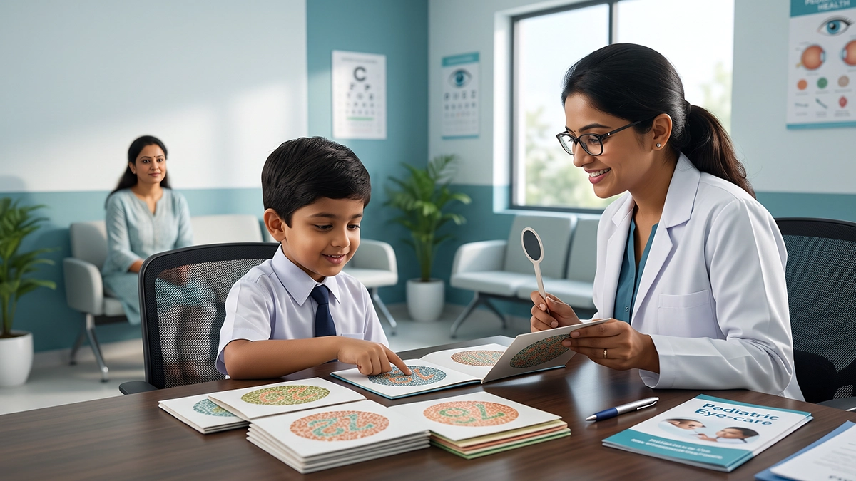 Child undergoing a colour vision test using coloured dot patterns during an eye examination