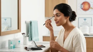 Woman applying eye makeup carefully with clean cosmetic brushes to help prevent eye irritation.