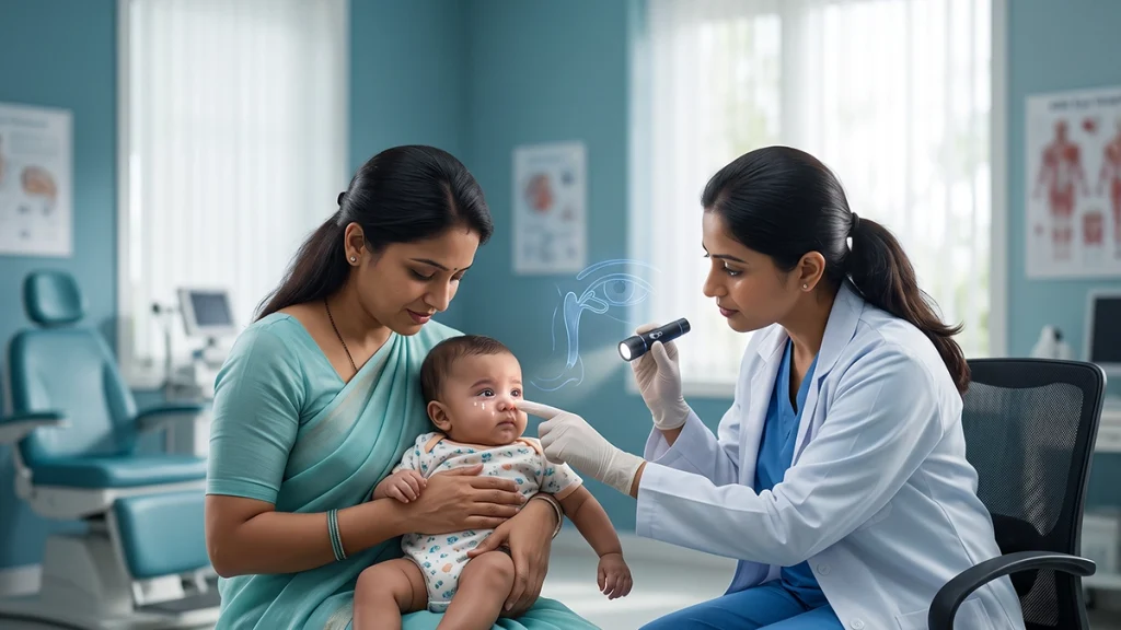 Baby with a watery eye being examined by an eye specialist for a possible blocked tear duct