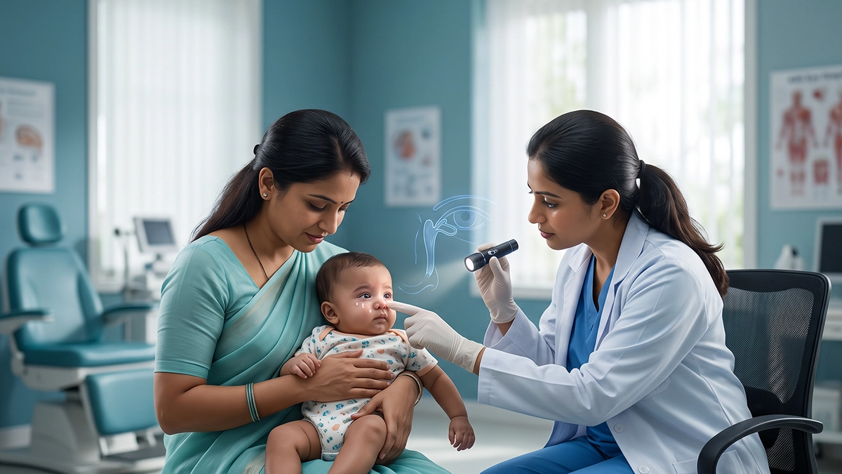 Baby with a watery eye being examined by an eye specialist for a possible blocked tear duct